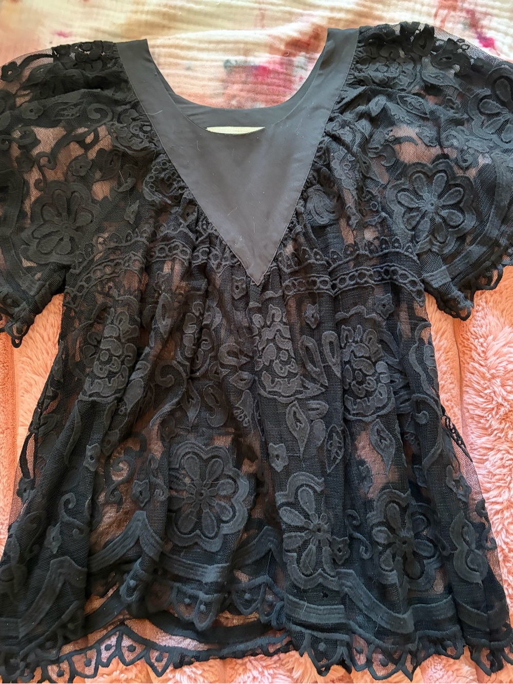 Jen’s Pirate Booty Black Floral Lace Embroidery Sheer Tunic Blouse Size M